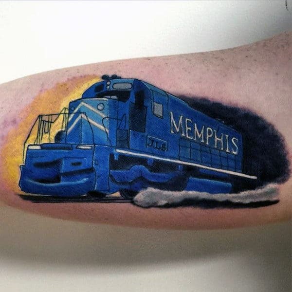 Male With Train Tattoo On Bicep