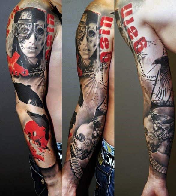 Male With Trash Polka Arm Sleeve Red And Black Tattoo Design