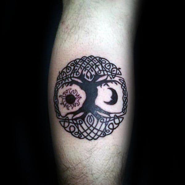 Male With Tree Of Life Sun And Moon Tattoo On Leg Calf