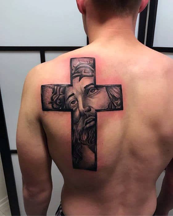Male With Unique Jesus Portrait Corss Upper Back Tattoo Design
