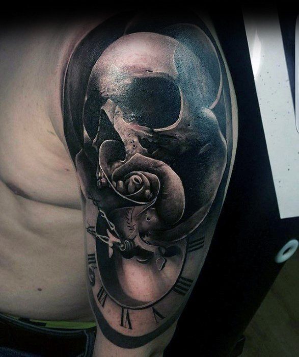 Male With Unique Skull And Roman Numeral Clock Half Sleeve Tattoo
