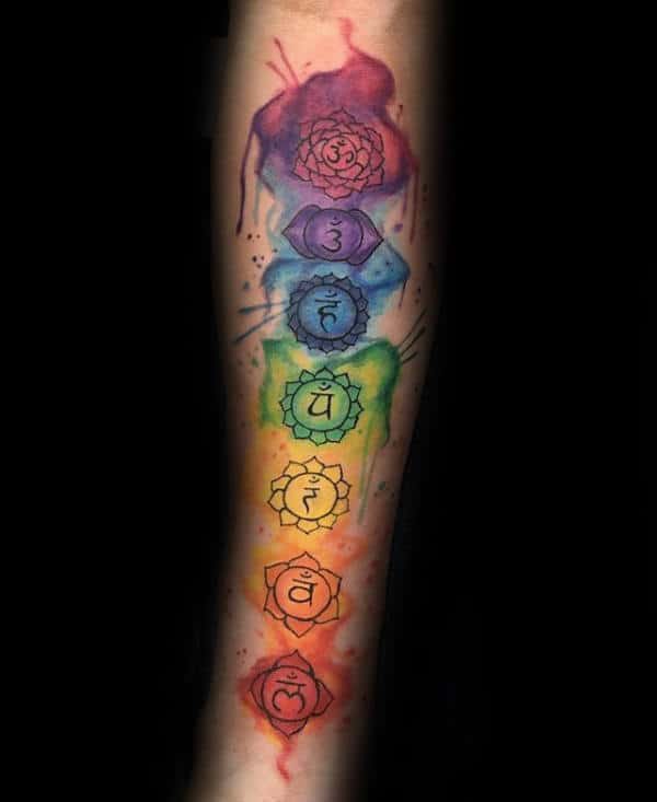 Male With Watercolor Chakras Tattoo On Inner Forearms