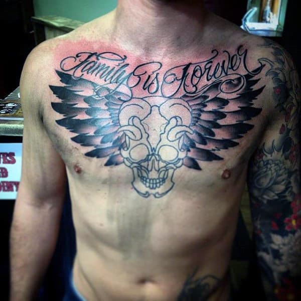 Male With Winged Skull Forever Family Tattoo On Chest