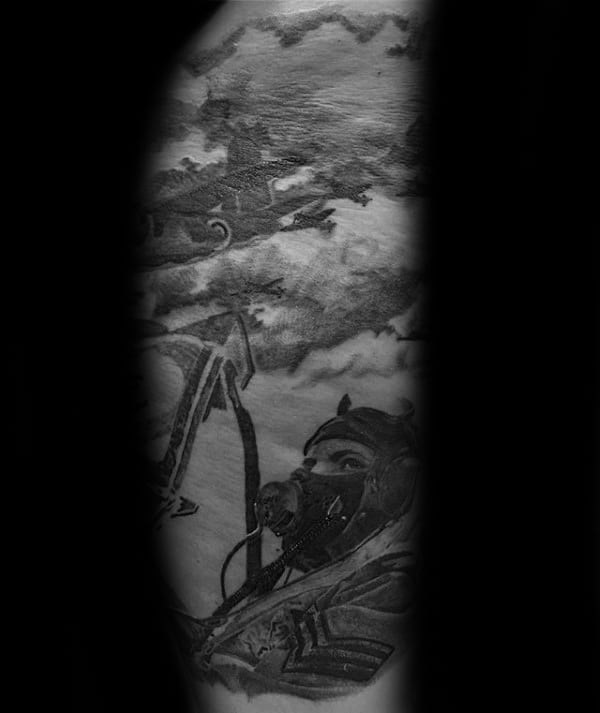 Male With Ww2 Shaded Fighter Pilot Half Sleeve Tattoo Design