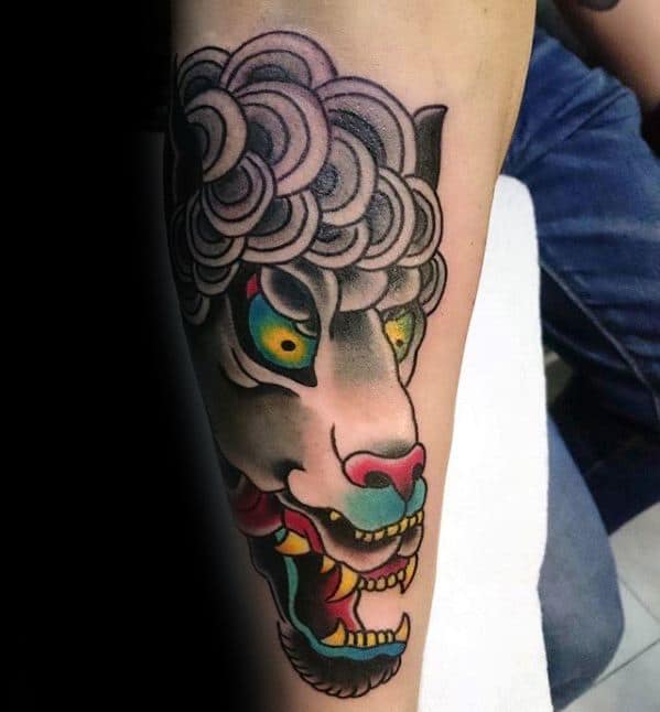 Male Wolf In Sheeps Clothing Tattoo Design Inspiration On Outer Forearm