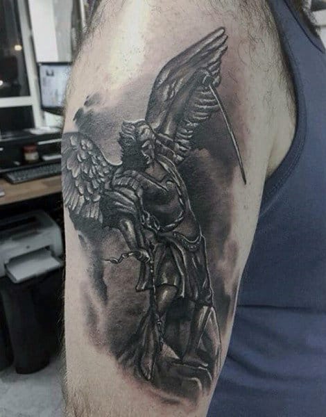 Males Arms Serpent And Guardian Angel Tattoo