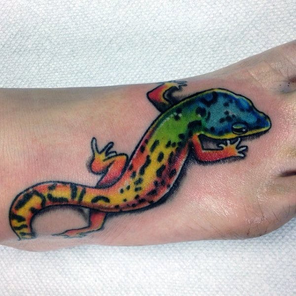 Males Feet Rainbow Colored Lizard Tattoo