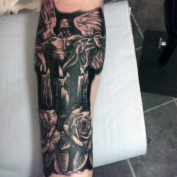 Males Forearms Black Shade Roses Candles Guardian Angel Tattoo