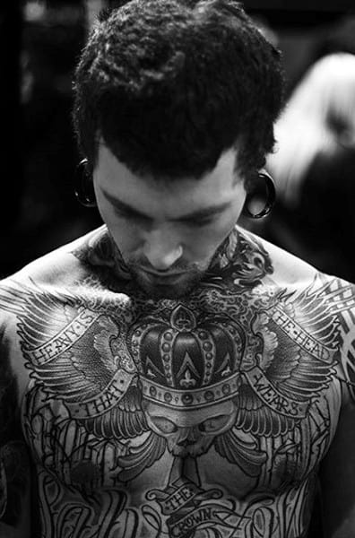 Males Gorgeous Crown Tattoo With Heavy Detailing On Chest