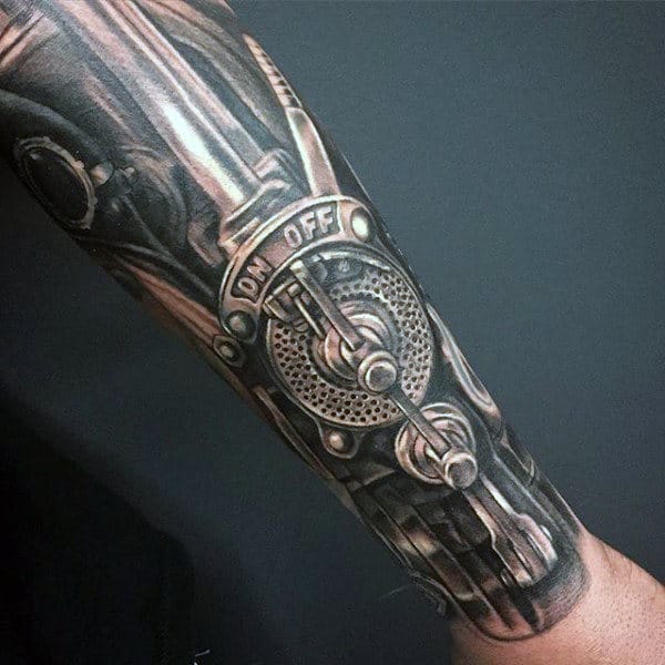 A steampunkthemed arm tattoo with copper pipes and hoses black leather  accents and machinery photographed as black and white tattoo  ImagesAI  Diffusion
