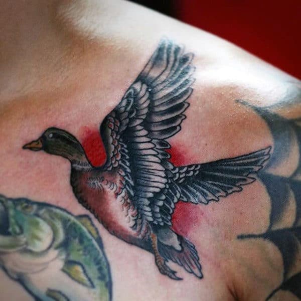 Mallard Taking Flight Small Chest Tattoo On Man