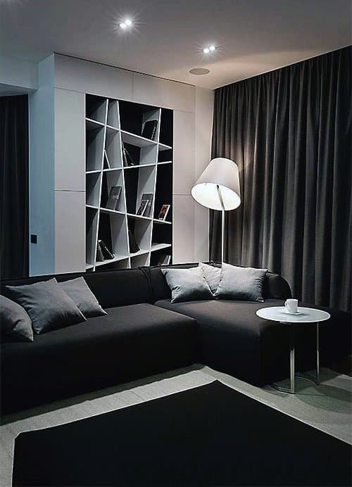 stylish grey living room abstract shelving 