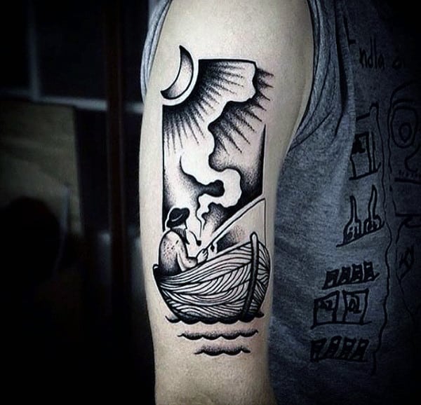 Man Fishing In Boat Black Ink Travel Mens Upper Arm Tattoo