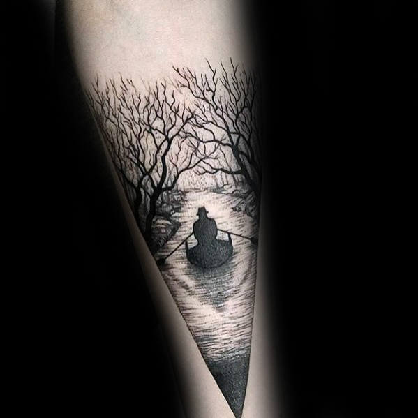 Man In Boat On River With Trees Mens Small Forearm Tattoo