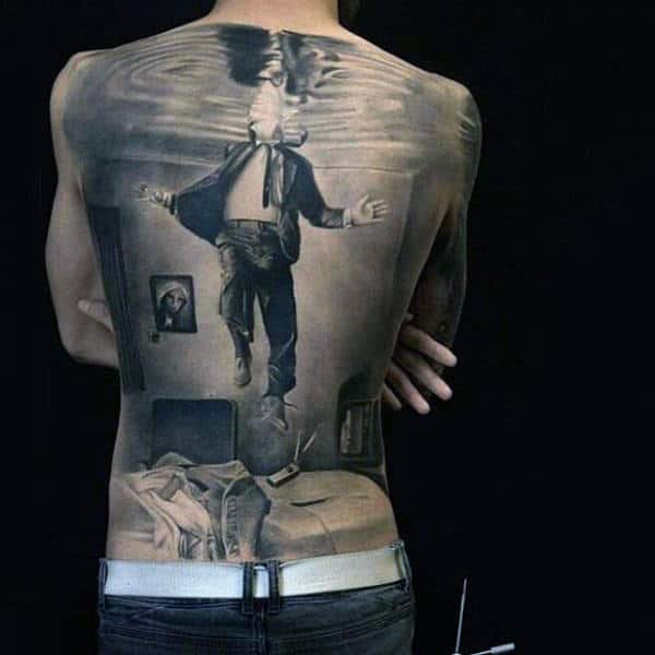 Man Jumping Under Water Reflection Tattoo Full Back