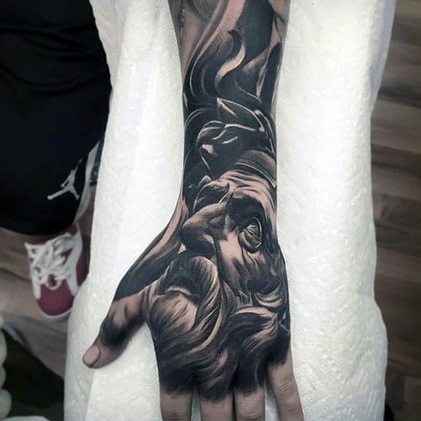 Man Portrait Black Ink Hand Tattoo