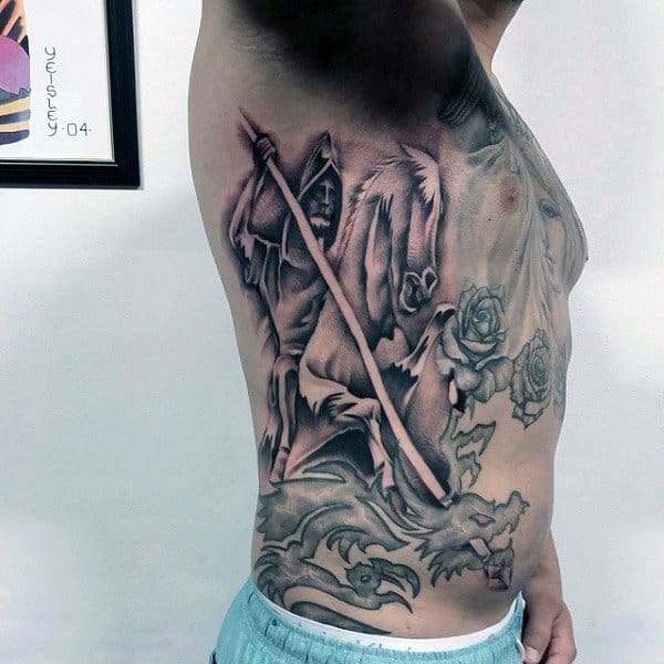 Man Riding Horse With Spear Awesome Mens Rib Tattoos