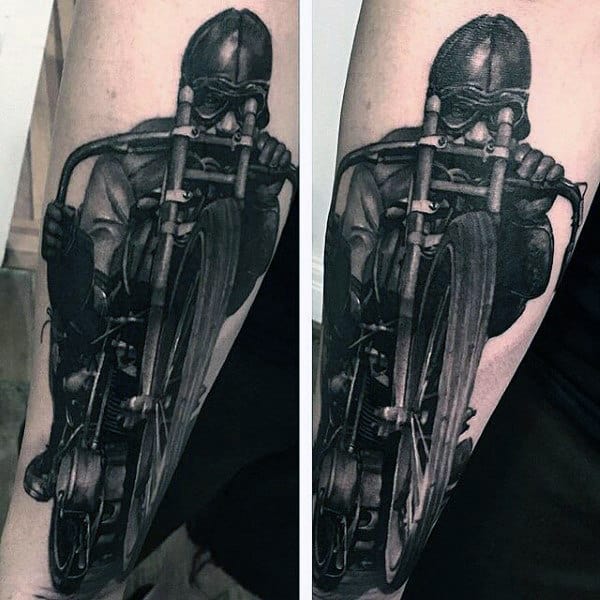 Man Riding Motorcycle Tattoo With Black Ink