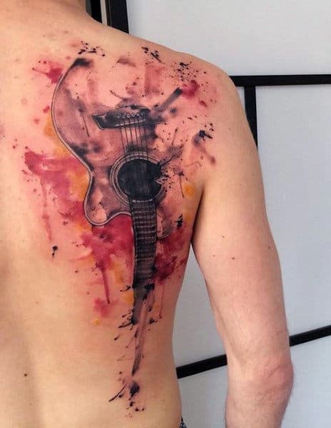Man Music Guitar Tattoos On Back Of Shoulder