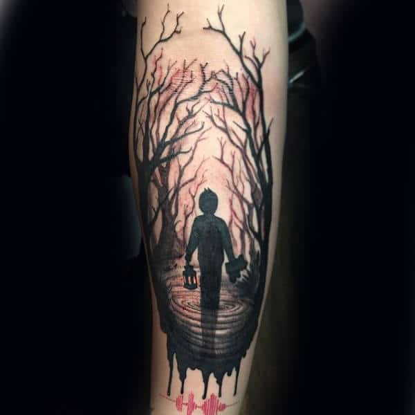 Man Walking Through Water In Forest Mens Forearm Tattoo