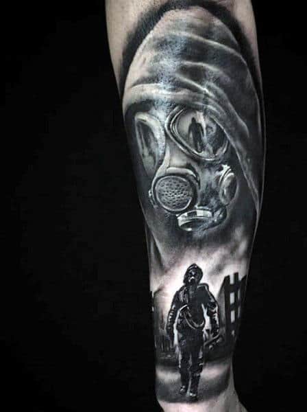Man Walking With A Gas Mask Tattoo On Arm