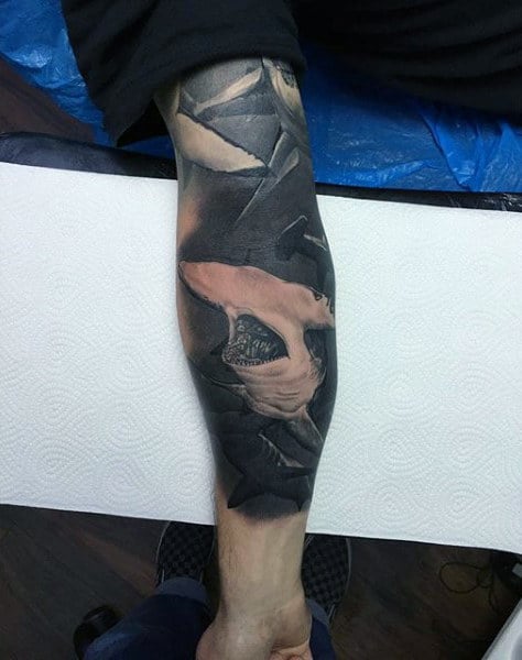 Man With 3d Hammerhead Shark Shaded Sleeve Tattoo