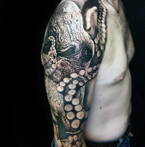 Man With 3d Realistic Full Arm Octopus Sleeve Tattoo Design