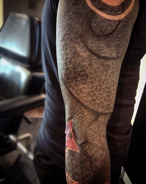 Man With 3d Spiral Geometric White Ink Tattoo Sleeve