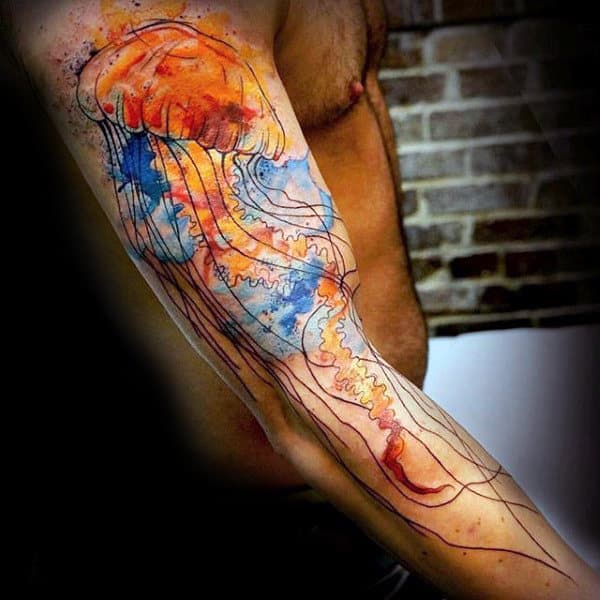 Man With Amazing Watercolor Jellyfish Arm Tattoo