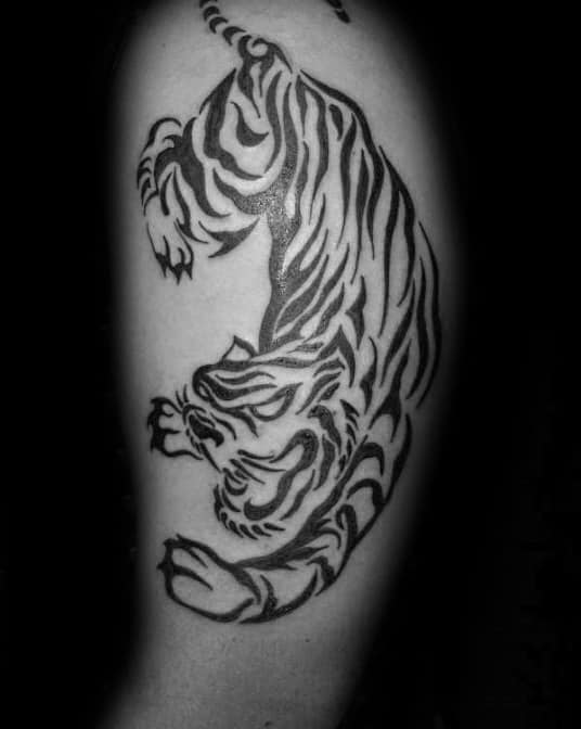 Man With Arm Tattoo Design Of Tribal Tiger