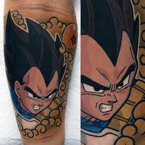 Man With Artistic Vegeta Leg Tattoo Design