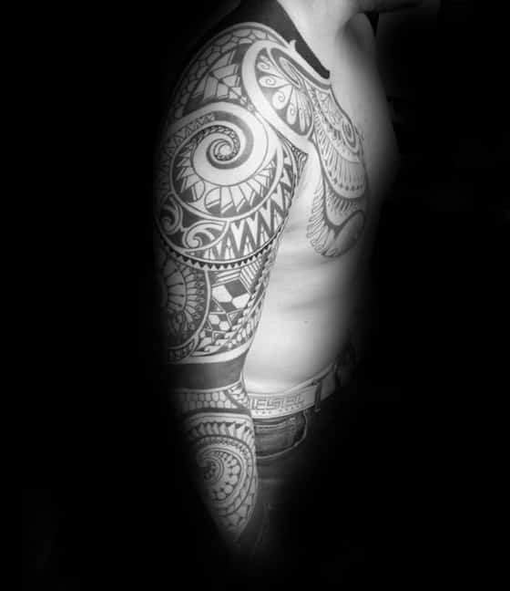 Man With Awesome Sick Pattern Shaded Sleeve Tribal Tattoos