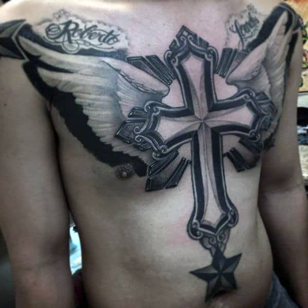 Man With Badass Angel Wings Cross Chest Tattoo Design