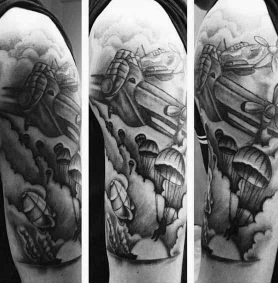 Man With Black And Grey Ink Airborne Military Half Sleeve Tattoo Design