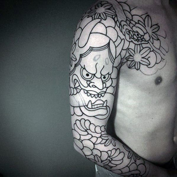 Man With Black Ink Outline Japanese Demon Mask Full Sleeve Tattoo