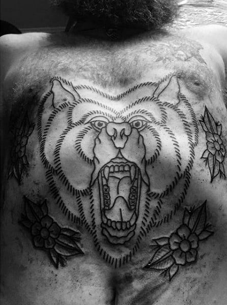Man With Black Ink Outline Traditional Bear Chest Tattoo Design