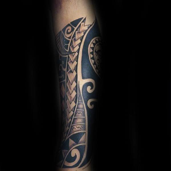Man With Black Ink Polynesian Tribal Shin Tattoos