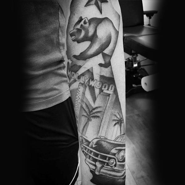 Man With California Themed Sleeve Tattoo