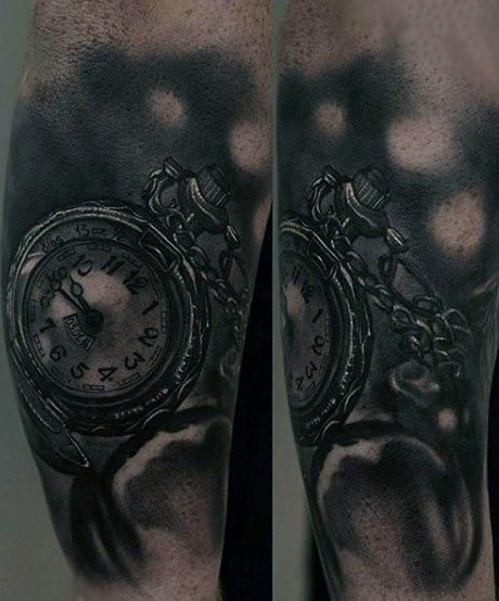 Man With Classic Pocket Watch Tattoo And Chain On Elbows