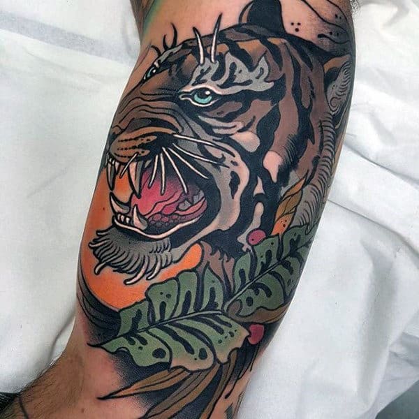 Man With Colorful Neo Traditional Tiger Inner Arm Bicep Tattoo