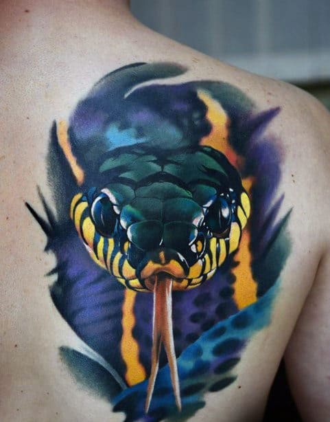 Man With Cool 3d Snake Realistic Upper Back Tattoo