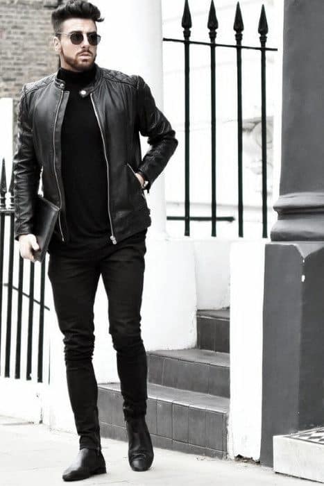 Man With Cool All Black Outfits Leather Jacket And Black Pants