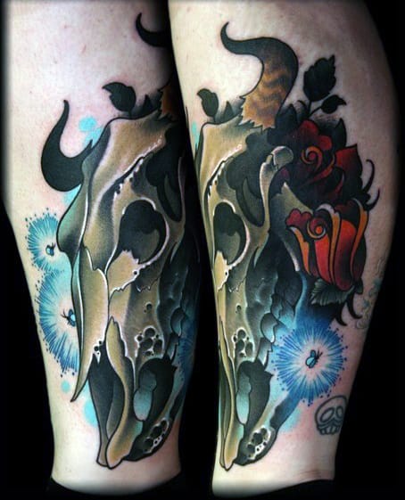 Man With Cool Bull Skull Leg Tattoo Design