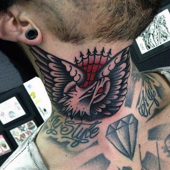 Man With Cool Eagle Shaded Black And Grey Traditional Neck Tattoo
