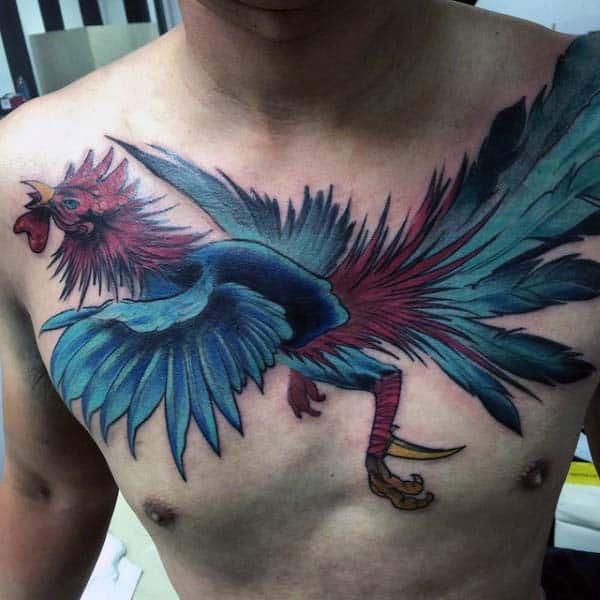 Man With Creative Rooster Tattoo On Chest