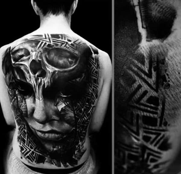 Man With Dark Skull Headed Girl Face Tattoo Full Back