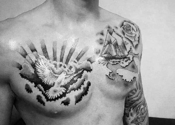 Man With Dove And Ship Cloud Shaded Chest Tattoo Design.