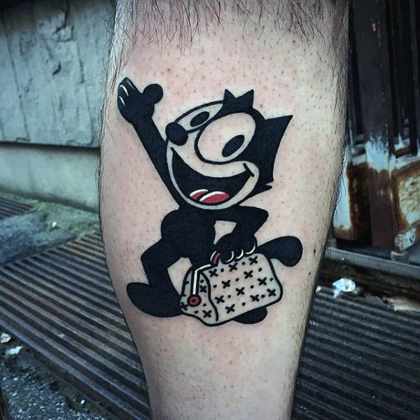 Man With Felix The Cat And Suitcase Travel Leg Calf Tattoo