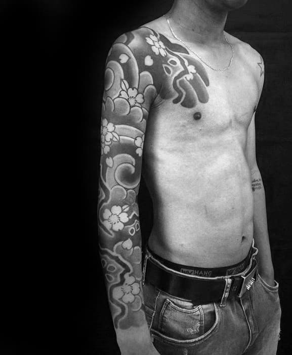 Man With Flower Japanese Full Arm Sleeve Tattoo Design