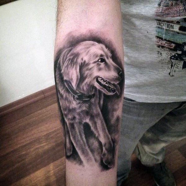 Man With Forearm Tattoo Of Shaded Dog In Black Ink